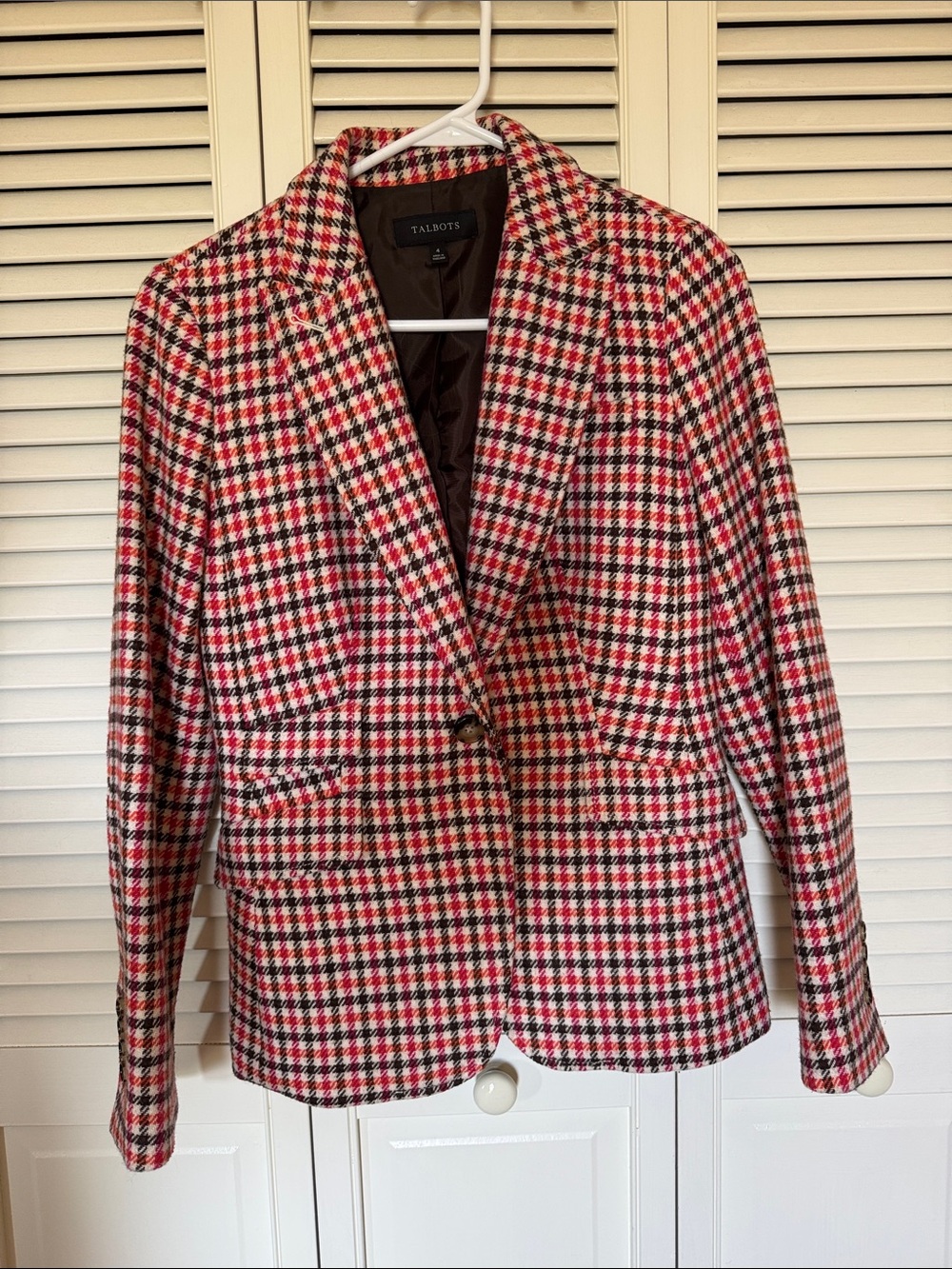 Talbots Brown, Orange, Pink, and Cream Wool Houndstooth Blazer